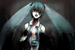 Rule 34 | arisaka ako, bad id, bad pixiv id, blood, detached sleeves, green hair, hatsune miku, long hair, open clothes, open shirt, red eyes, shirt, solo, twintails, vocaloid