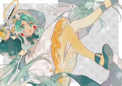Rule 34 | 1girl, absurdres, aqua bow, aqua bowtie, aqua eyes, aqua hair, bell, beret, bow, bowtie, commentary, dress, earrings, english commentary, falling, frilled dress, frills, gloves, halo, hat, hatsune miku, highres, holding, holding bell, jewelry, kakami (pixiv7616827), layered dress, long hair, looking at viewer, mary janes, open mouth, shoes, snowflakes, solo, twintails, very long hair, vocaloid, white dress, white gloves, white hat, yellow legwear
