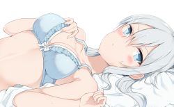 Rule 34 | 10s, 1girl, blue bra, blue eyes, blush, bra, breasts, cleavage, cole (coleltu), collarbone, eyebrows, hair between eyes, hand on own chest, kantai collection, kashima (kancolle), long hair, looking at viewer, lying, on back, on bed, silver hair, simple background, solo, underwear, underwear only, upper body, white background