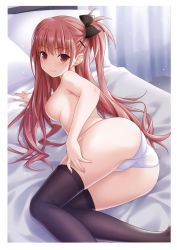 Rule 34 | 1girl, absurdres, ass, bed, black bow, black thighhighs, blush, bow, breasts, hair bow, hashimoto takashi, highres, long hair, looking at viewer, medium breasts, nipples, one side up, original, panties, red eyes, red hair, sideboob, smile, solo, thighhighs, topless, underwear, white panties
