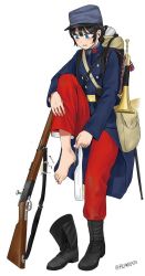 Rule 34 | 1girl, :o, artist name, backpack, bag, barefoot, black footwear, black hair, blue eyes, blue hat, blue jacket, bolt action, boots, french army, full body, gun, hat, holding, holding clothes, holding legwear, instrument, jacket, lebel model 1886, long sleeves, military, military hat, open mouth, original, pants, red pants, remora25, rifle, simple background, standing, standing on one leg, sweat, toes, trumpet, twitter username, weapon, white background, white legwear, world war i