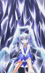 Rule 34 | 1girl, bad anatomy, bad feet, barefoot, blue dress, blue eyes, blush, bow, cirno, collared shirt, dress, expressionless, hair bow, hands on lap, head tilt, highres, ice, ice wings, legs, long sleeves, looking at viewer, matsu 84, poorly drawn, ribbon, shirt, short hair, sitting, solo, throne, touhou, white shirt, wings