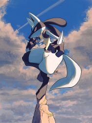 Rule 34 | closed mouth, cloud, commentary request, creatures (company), day, frown, full body, game freak, gen 4 pokemon, highres, kuchiba (jret2454), looking down, lucario, nintendo, outdoors, pink eyes, pokemon, pokemon (creature), signature, sky, solo, standing, standing on one leg