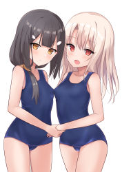 Rule 34 | 2girls, absurdres, asymmetrical docking, bare shoulders, black hair, blue one-piece swimsuit, blush, breast press, breasts, closed mouth, collarbone, fate/kaleid liner prisma illya, fate (series), hair ornament, hair ribbon, hairclip, highres, hip focus, holding hands, illyasviel von einzbern, long hair, looking at viewer, miyu edelfelt, multiple girls, natsu (sinker8c), one-piece swimsuit, open mouth, red eyes, ribbon, school swimsuit, side ponytail, simple background, small breasts, smile, swimsuit, thighs, white background, white hair, yellow eyes, yellow ribbon