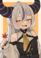 Rule 34 | 1girl, :d, absurdres, bare shoulders, black nails, blush, braid, breasts, detached sleeves, fangs, grey hair, highres, hololive, horns, la+ darknesss, leaf, maple leaf, nail polish, nemuta muu, open mouth, pointy ears, purple hair, small breasts, smile, solo, virtual youtuber, yellow eyes
