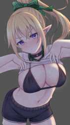 Rule 34 | 1girl, areola slip, armpits, arms up, bikini, black bikini, black choker, black shorts, blonde hair, blush, bow, breasts, brown background, chloe (princess connect!), chloe (school festival) (princess connect!), choker, cleavage, closed mouth, clothes lift, cowboy shot, elf, green bow, hair bow, head tilt, highres, large breasts, leaning forward, lifted by self, long hair, looking at viewer, navel, pointy ears, ponytail, princess connect!, purple eyes, shirt lift, shorts, sidelocks, simple background, solo, stomach, sweat, swimsuit, v-shaped eyebrows, yui081