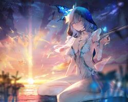 1girl armlet bare_legs barefoot blue_butterfly blue_eyes blue_hair blue_nails blue_veil blurry blurry_foreground breasts bug butterfly collarbone colored_eyelashes commentary dress feet fingernails full_body hair_between_eyes hand_up highres insect jewelry legs light_blue_hair long_hair looking_ahead looking_at_viewer medium_breasts nail_polish outdoors parted_lips purple_eyes sidelocks sitting sky sleeveless sleeveless_dress solo sonchi star_(sky) sunlight sunrise sunset the_shorekeeper_(wuthering_waves) toes two-tone_veil veil white_dress white_veil wuthering_waves yokozuwari