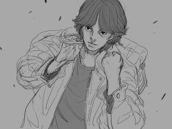 Rule 34 | 1boy, backpack, bag, character request, closed mouth, dutch angle, gin to kin, grey background, greyscale, hands up, highres, jacket, long sleeves, male focus, monochrome, shirt, short hair, simple background, sketch, solo, standing, sunaxet, upper body