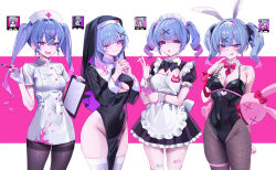 Rule 34 | 1girl, :q, absurdres, alternate costume, animal ears, apron, bandaid, bandaid on leg, between fingers, black dress, black headwear, black leotard, black pantyhose, blood, blood on clothes, blue eyes, blue hair, bow, bowtie, breasts, brown pantyhose, cigarette, cleavage, closed mouth, clothing cutout, colored inner hair, commentary, covered navel, cowboy shot, dress, enmaided, fake animal ears, fishnet pantyhose, fishnets, gloves, gompang 11, hair between eyes, hair ornament, hairband, hat, hatsune miku, heart, heart-shaped pupils, highleg, highleg leotard, highres, holding, holding cigarette, holding syringe, large breasts, leotard, long hair, looking at viewer, maid, maid apron, maid headdress, medium breasts, multicolored background, multicolored hair, multiple views, necktie, no panties, nun, nurse, nurse cap, one eye closed, open mouth, own hands together, pantyhose, pelvic curtain, pink background, pink hair, playboy bunny, rabbit ears, rabbit hole (vocaloid), red bow, red bowtie, red necktie, revision, shaded face, short necktie, short sleeves, skindentation, smile, smoking, spaghetti strap, stuffed animal, stuffed rabbit, stuffed toy, symbol-shaped pupils, syringe, thighband pantyhose, thighhighs, thighs, tongue, tongue out, twintails, underboob, underboob cutout, veil, vocaloid, white background, white dress, white gloves, white headdress, white thighhighs, wide hips, x hair ornament