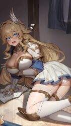 Rule 34 | 1girl, ass, blonde hair, blue dress, blue eyes, blush, bracelet, breasts, bridget (isekai: slow life), cleavage, clothes lift, curly hair, detached sleeves, dress, embarrassed, feather hair ornament, gloves, hair ornament, isekai: slow life, jewelry, large breasts, long hair, panties, pantyhose, phone wallpaper, underwear, very long hair, wallpaper, white gloves, white pantyhose