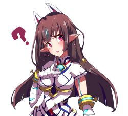 Rule 34 | 1girl, ?, animal ears, bandaged arm, bandages, black hair, breasts, confused, dress, earrings, fake animal ears, fox mask, gloves, highres, jewelry, kasandra (xenoblade), long hair, looking to the side, mask, nintendo, open mouth, pointy ears, red eyes, risumi (taka-fallcherryblossom), simple background, solo, white background, white dress, xenoblade chronicles (series), xenoblade chronicles 2