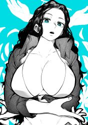 Rule 34 | 1girl, absurdres, alternate breast size, bikini, bikini under clothes, breasts, collarbone, collared shirt, disembodied hand, dress shirt, green hair, greyscale, greyscale with colored background, hana hana no mi, highres, huge breasts, long hair, long sleeves, looking at viewer, monochrome, nico robin, one piece, open clothes, open mouth, open shirt, shirt, sidelocks, solo, spot color, stomach, swimsuit, upper body, wing collar, yotsumi shiro