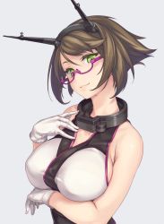 Rule 34 | 10s, 1girl, bare arms, bare shoulders, blue background, breast hold, breasts, brown hair, cleavage, covered erect nipples, female focus, glasses, gloves, green eyes, grey background, hand on own chest, headgear, jewelry, kantai collection, large breasts, lips, looking at viewer, mutsu (kancolle), neck, neck ring, purple-framed eyewear, rokuwata tomoe, semi-rimless eyewear, short hair, simple background, sleeveless, smile, solo, upper body, white gloves
