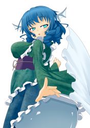 Rule 34 | 1girl, animal ears, blue eyes, blue hair, breasts, fins, head fins, highres, himenomikan, japanese clothes, kimono, large breasts, long sleeves, looking back, matching hair/eyes, mermaid, monster girl, obi, open mouth, sash, short hair, simple background, solo, touhou, wakasagihime, white background, wide sleeves