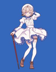 Rule 34 | 1girl, absurdres, arm up, black bow, blue background, blue skirt, bomhat, bow, brown footwear, cane, commentary, dress, full body, hair bow, hat, highres, holding, holding cane, iwanaga kotoko, juliet sleeves, kyokou suiri, light brown hair, long sleeves, looking at viewer, petticoat, puffy sleeves, purple eyes, short hair, simple background, skirt, solo, thigh strap, thighhighs, white dress, white hat, white thighhighs
