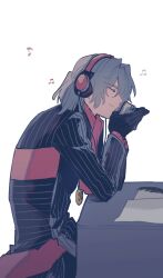 Rule 34 | 1boy, antonio salieri (fate), antonio salieri (second ascension) (fate), ascot, black gloves, black suit, closed eyes, elbow rest, fate/grand order, fate (series), formal, gloves, grey hair, half updo, headphones, highres, holding, holding phone, kimidorix32, long sleeves, male focus, medallion, musical note, phone, pinstripe jacket, pinstripe pattern, pinstripe suit, profile, red ascot, sitting, solo, striped suit, suit