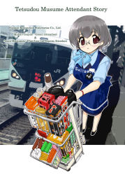 Rule 34 | 00s, 1girl, armband, candy, cup, flight attendant, food, glasses, jewelry, matsumoto azusa, red eyes, scarf, short hair, snack, solo, tessai, tetsudou musume, train, train station, travel attendant
