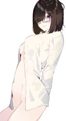 Rule 34 | 1girl, absurdres, arms behind back, black-framed eyewear, blush, bob cut, bottomless, breasts, brown hair, closed mouth, collared shirt, cowboy shot, embarrassed, glasses, hair over one eye, highres, kayahara, long sleeves, looking at viewer, navel, nervous smile, no bra, open clothes, open shirt, purple eyes, shirt, short hair, simple background, small breasts, smile, solo, standing, stomach, thighs, underboob, white background, white shirt, wing collar