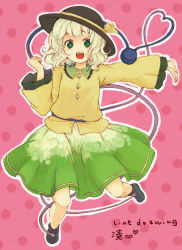 Rule 34 | 1girl, artist name, colorized, green eyes, green hair, hat, heart, heart of string, kimochi, komeiji koishi, long sleeves, looking at viewer, matching hair/eyes, open mouth, outstretched arm, parody, polka dot, polka dot background, ribbon, short hair, skirt, smile, solo, style parody, style request, third eye, touhou, wide sleeves