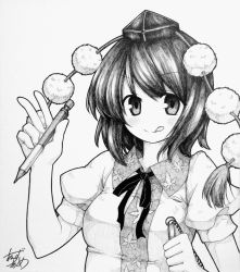 Rule 34 | 1girl, :q, anzu ame, bow, female focus, greyscale, hat, highres, looking at viewer, mechanical pencil, millipen (medium), monochrome, no wings, notebook, pencil, shameimaru aya, shikishi, shirt, short hair, signature, solo, tokin hat, tongue, tongue out, touhou, traditional media, upper body