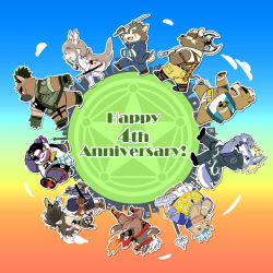 Rule 34 | 6+boys, alp (housamo), animal ears, armor, ashigara (housamo), asterius (housamo), axe, baseball cap, bead necklace, beads, bear boy, black jacket, blue sky, breakdance, brown fur, brown hair, camouflage, camouflage jacket, chain, circle, cloud, colored sclera, commentary request, cow horns, dog boy, dog ears, dog tail, english text, fangs, fangs out, fenrir (housamo), full body, furry, furry male, gakuran, ganglie (housamo), gradient background, gradient sky, hand fan, hat, high ponytail, highres, holding, holding axe, holding fan, holding polearm, holding sword, holding weapon, horns, jacket, japanese armor, japanese clothes, jewelry, kinoshita jiroh, kote, light brown hair, logo, long hair, low ponytail, male focus, mawashi, moritaka (housamo), multiple boys, necklace, nose piercing, nose ring, open mouth, orange sky, panda boy, panda ears, pants, piercing, pig boy, polearm, purple fur, red footwear, red scarf, red sclera, scar, scar on face, scarf, school uniform, sharp teeth, shino (housamo), short hair, shorts, sky, sword, tadatomo (housamo), tail, tanetomo (housamo), teeth, tokyo houkago summoners, weapon, white pants, wolf boy, wolf tail, yasuyori (housamo), yellow pants, yellow sclera