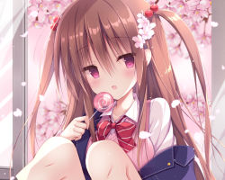 Rule 34 | 1girl, :d, blue jacket, blush, bow, brown hair, candy, collared shirt, copyright request, diagonal stripes, flower, food, hair between eyes, hair bobbles, hair flower, hair ornament, holding, holding candy, holding food, holding lollipop, izuminanase, jacket, knees up, lollipop, long hair, looking at viewer, off shoulder, official art, open clothes, open jacket, open mouth, open window, petals, pink flower, purple eyes, red bow, shirt, smile, solo, striped, striped bow, sweater vest, swirl lollipop, two side up, white shirt, window