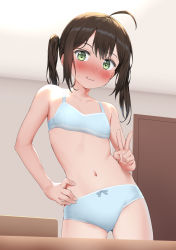 Rule 34 | 1girl, absurdres, ahoge, bare arms, bare shoulders, black hair, blue bra, blue panties, blush, bow, bow bra, bow panties, bra, breasts, closed mouth, green eyes, highres, indoors, looking at viewer, navel, nedia (nedia region), nose blush, original, panties, small breasts, solo, twintails, underwear, underwear only, v, wavy mouth