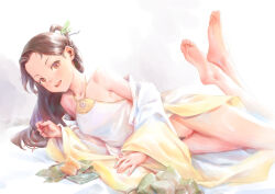 Rule 34 | 1girl, bare shoulders, barefoot, bigrbear, brown eyes, brown hair, chopsticks, cleft of venus, commentary request, dress, food, fruit, hair ornament, holding, holding chopsticks, long hair, looking at viewer, lying, on side, open mouth, original, pussy, soles, solo, teeth, thighs, toes, uncensored, upper teeth only, white dress