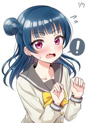Rule 34 | !, 1girl, blue hair, blush, bow, bowtie, clenched hands, dated, deadnooodles, fang, hair bun, hands up, highres, long hair, long sleeves, looking at viewer, love live!, love live! sunshine!!, open mouth, purple eyes, school uniform, serafuku, side bun, simple background, single side bun, solo, spoken exclamation mark, sweatdrop, tsushima yoshiko, upper body, uranohoshi school uniform, yellow bow, yellow bowtie