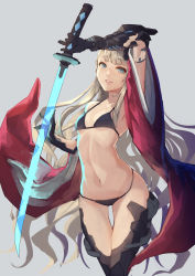 Rule 34 | 1girl, absurdres, arm up, armor, armored boots, armpits, bad id, bad pixiv id, bikini, black bikini, black footwear, blonde hair, blue eyes, blunt bangs, boots, breasts, character request, collarbone, detached sleeves, energy sword, grey background, groin, highres, long hair, long sleeves, looking at viewer, mechanical arms, navel, okuma mai, parted lips, simple background, single mechanical arm, single sidelock, small breasts, smile, solo, standing, standing on one leg, swimsuit, sword, thigh boots, thigh gap, thighhighs, transparent, very long hair, weapon, wide sleeves