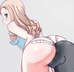 Rule 34 | 1boy, 1girl, ass, bad id, bad pixiv id, blonde hair, breasts, closed mouth, drill hair, girls und panzer, green eyes, hetzerfag, highres, huge ass, lingerie, long hair, marie (girls und panzer), mc kawaii, medium breasts, negligee, panties, shiny skin, simple background, smile, underwear, white background, white panties