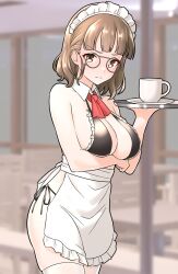 Rule 34 | 1girl, apron, ascot, bikini, breasts, brown eyes, brown hair, detached collar, eyewear strap, frilled apron, frilled bikini top, frills, furaggu (frag 0416), glasses, headdress, highres, holding, holding tray, kantai collection, large breasts, maid, maid apron, maid bikini, maid headdress, pince-nez, red ascot, roma (kancolle), short hair, side-tie bikini bottom, solo, standing, swimsuit, thighhighs, tray, unconventional maid, waist apron, white apron, white thighhighs