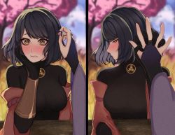 Rule 34 | 2girls, black hair, blurry, blurry background, blush, bodysuit, breasts, bridal gauntlets, closed mouth, commentary, el0isaa, english commentary, female pov, genshin impact, gloves, hand on another&#039;s head, hand on own cheek, hand on own face, highres, holding hands, kujou sara, large breasts, looking at viewer, multiple girls, multiple views, open mouth, pov, pov hands, raiden shogun, short hair, tree, yellow eyes, yuri