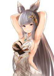 Rule 34 | 10s, 1girl, absurdres, animal ears, armpits, arms behind head, arms up, bad id, bad twitter id, bare shoulders, blue eyes, breasts, cleavage, erune, granblue fantasy, grey hair, hair ornament, highres, korwa, large breasts, long hair, looking at viewer, parted lips, sideboob, smile, solo, standing, yatsuka (846)