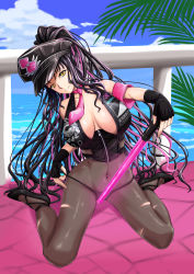 Rule 34 | 1girl, absurdres, bare shoulders, bikini, black bikini, black gloves, black hair, black hat, black pantyhose, blue sky, blush, breasts, cleavage, covered navel, facial mark, fate/grand order, fate (series), fingerless gloves, forehead mark, gloves, halterneck, hat, high heels, highres, large breasts, long hair, looking at viewer, multicolored hair, necktie, ocean, pantyhose, parted bangs, pink hair, pink necktie, police hat, ponytail, sessyoin kiara, sessyoin kiara (swimsuit mooncancer), sessyoin kiara (swimsuit mooncancer) (second ascension), sitting, sky, smile, solo, streaked hair, swimsuit, tanjunde, thighs, traffic baton, very long hair, wariza, yellow eyes