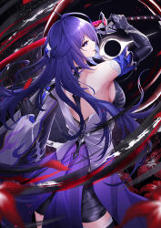 Rule 34 | 1girl, absurdres, acheron (honkai: star rail), back, bandaged arm, bandaged leg, bandages, black choker, black gloves, black hole, black shorts, breasts, chain, chain around arm, choker, coat, coattails, cowboy shot, detached sleeves, elbow gloves, flower, gloves, hair ornament, highres, holding, holding sheath, holding sword, holding weapon, honkai: star rail, honkai (series), katana, kirisamede gzr, large breasts, looking at viewer, multicolored hair, open mouth, purple eyes, purple hair, red flower, scabbard, sheath, shorts, single bare shoulder, single elbow glove, solo, streaked hair, sword, thighs, unsheathed, weapon, white coat