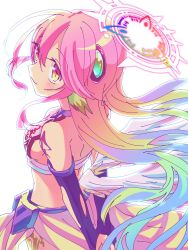 Rule 34 | 1girl, angel wings, arms behind back, breasts, closed mouth, commentary request, spiked halo, crop top, cross, feathered wings, gloves, gradient eyes, gradient hair, halo, highres, jibril (no game no life), long hair, looking at viewer, low wings, magic circle, medium breasts, midriff, multicolored eyes, multicolored hair, no game no life, orange eyes, pink hair, sideboob, smile, solo, symbol-shaped pupils, tattoo, very long hair, white wings, wing ears, wings, yellow eyes, yuiti hinata