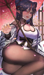 Rule 34 | 1girl, :d, absurdres, amahara subaru, animal print, ass, bare shoulders, black bow, black hair, blush, bow, braid, breasts, brown pantyhose, butterfly print, claw pose, cleavage, cleavage cutout, clothing cutout, commentary request, double bun, hair between eyes, hair bun, hair ornament, highres, indie virtual youtuber, isonade orca, large breasts, long hair, looking at viewer, multicolored hair, nail polish, open mouth, pantyhose, petals, pointy ears, red eyes, red hair, smile, solo, sparkle hair ornament, streaked hair, tiger print, umbrella, v-shaped eyebrows, virtual youtuber, yellow nails