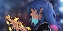 Rule 34 | 1girl, blue hair, bow, bow earrings, closed eyes, colored inner hair, earrings, hands up, highres, hololive, hoshimachi suisei, hoshimachi suisei (streetwear), jewelry, long hair, multicolored hair, profile, solo, upper body, vergil mon, virtual youtuber