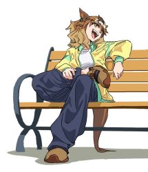 1girl alternate_costume animal_ears bench blue_pants breasts brown_footwear brown_hair earrings figure_four_sitting full_body hair_ornament highres horse_ears horse_girl horse_tail jacket jewelry jungle_pocket_(umamusume) long_sleeves looking_to_the_side medium_breasts open_clothes open_jacket open_mouth pants shirt shoes sitting smile solo tail umamusume vorakyu white_background white_shirt yellow_eyes yellow_jacket