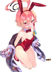 Rule 34 | 1girl, ahoge, animal ears, bandaid, bandaid on knee, bandaid on leg, blue archive, blush, bow, bowtie, braid, breasts, detached collar, earrings, fake animal ears, fang, full body, halo, highres, jacket, jewelry, kneeling, leotard, looking at viewer, mole, mole under each eye, mole under eye, multiple moles, neru (blue archive), neru (bunny) (blue archive), orange hair, playboy bunny, rabbit ears, red bow, red bowtie, red eyes, red leotard, short hair, side braid, simple background, small breasts, solo, strapless, strapless leotard, traditional bowtie, white background, wing collar, zenshin