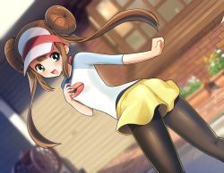 Rule 34 | 1girl, :d, blue eyes, blurry, blurry background, blush, bow, brown hair, brown pantyhose, building, clenched hand, commentary request, creatures (company), day, double bun, floating hair, game freak, hair bun, hand up, long hair, looking back, moon setuna, nintendo, open mouth, outdoors, pantyhose, pantyhose under shorts, pink bow, pokemon, pokemon bw2, raglan sleeves, rosa (pokemon), shiny clothes, short shorts, shorts, smile, solo, tongue, twintails, visor cap, yellow shorts