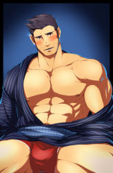 Rule 34 | 1boy, abs, bara, bare pectorals, blue kimono, blush, boxer briefs, bulge, check copyright, copyright request, crotch, facial hair, feet out of frame, gift art, head tilt, japanese clothes, kimono, kito (clamp5656), large pectorals, long sideburns, looking at viewer, male focus, male underwear, mature male, muscular, muscular male, navel, nipples, open clothes, open kimono, original, pectorals, red male underwear, short hair, sideburns, smile, solo, spread legs, stomach, striped clothes, striped kimono, stubble, thick thighs, thighs, underwear