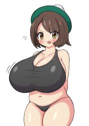 Rule 34 | 1girl, :d, alternate breast size, arms behind back, black panties, black sports bra, blush, breasts, brown eyes, brown hair, cleavage, collarbone, creatures (company), female focus, flying sweatdrops, game freak, gloria (pokemon), hat, highres, huge breasts, jaga334, looking at viewer, navel, nintendo, open mouth, panties, plump, pokemon, pokemon swsh, shiny skin, short hair, simple background, smile, solo, sports bra, stomach, sweatdrop, tam o&#039; shanter, thick thighs, thighs, underwear, v-shaped eyebrows, white background