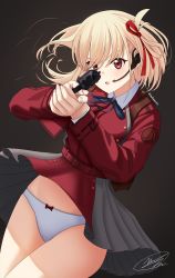 Rule 34 | 1girl, absurdres, artist name, black background, blonde hair, blush, bow, bow panties, breasts, clothes lift, commentary, dress, dress lift, feet out of frame, gun, handgun, headset, highres, holding, holding gun, holding weapon, leehamin777, lifting own clothes, long hair, long sleeves, looking at viewer, lycoris recoil, lycoris uniform, m1911, medium breasts, nishikigi chisato, open mouth, panties, red eyes, solo, standing, thighs, twitter username, two-tone dress, underwear, weapon, white panties