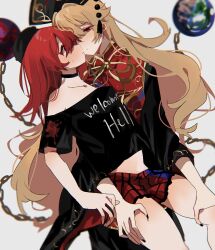 Rule 34 | 2girls, ayahi 4, bare shoulders, black choker, black dress, black shirt, blonde hair, blush, chain, chinese clothes, choker, clothes writing, commentary, dress, earth (ornament), eye contact, gold chain, hand on another&#039;s thigh, hecatia lapislazuli, highres, imminent kiss, junko (touhou), legs, long hair, long sleeves, looking at another, medium hair, multiple girls, off-shoulder shirt, off shoulder, phoenix crown, plaid, plaid skirt, red eyes, red hair, red tabard, shirt, simple background, skirt, sweatdrop, t-shirt, tabard, thigh grab, touhou, underworld (ornament), white background, yuri