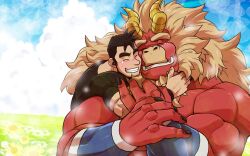 Rule 34 | 2boys, arms around neck, bara, beard, black hair, blank eyes, blue sky, blurry, bokeh, colored skin, curled horns, depth of field, dragon horns, facial hair, field, flower, flower field, forked eyebrows, furry, furry male, furry with non-furry, gardie (otsukimi), grin, hand on another&#039;s arm, happy tears, horns, hug, hug from behind, huge eyebrows, interspecies, kouhei (otsukimi), large hands, lion hair, long sideburns, male focus, multiple boys, muscular, muscular male, original, otsukimi, pectorals, red skin, shirt, short hair, sideburns, sideburns stubble, size difference, sky, smile, stubble, t-shirt, tears, thick eyebrows, tight clothes, tight shirt, upper body, yaoi