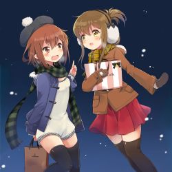 Rule 34 | 10s, 2girls, :d, alternate costume, bag, beret, black legwear, brown eyes, brown hair, coat, commentary request, earmuffs, fang, folded ponytail, hair ornament, hairclip, hat, ikazuchi (kancolle), inazuma (kancolle), kantai collection, long hair, long sleeves, mittens, moca blanc, multiple girls, open mouth, plaid, plaid scarf, ponytail, red skirt, scarf, shopping bag, short hair, skirt, smile