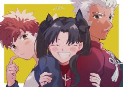 Rule 34 | 1girl, 2boys, archer (fate), black hair, blush, brown eyes, cloud, emiya shirou, fate/stay night, fate (series), grey eyes, grin, holding another&#039;s arm, looking at another, multiple boys, open mouth, red hair, scratching cheek, simple background, smile, sweatdrop, tohsaka rin, twintails, ueki1230, white hair