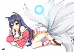 Rule 34 | 1girl, ahri (league of legends), animal ears, blush, breasts, cleavage, itachi kanade, league of legends, multiple tails, solo, tail